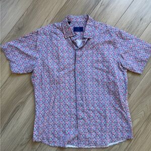 DAVID DONAHUE
Pineapple Print Linen & Cotton Short Sleeve Button-up Shirt L